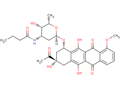N-[6-[(3-乙?；?3,5,12-三羥基-10-甲氧基-6,11-二氧代-2,4-二氫-1H-并四苯-1-基)氧基]-3-羥基-2-甲基四氫吡喃-4-基]丁酰胺結(jié)構(gòu)式,38942-41-5結(jié)構(gòu)式