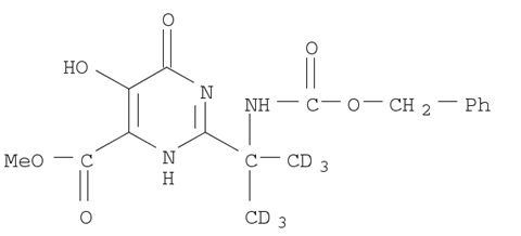 2-[2-(芐氧基羰基氨基)-(1,3-d6-丙烷)-2-基]-5-羥基-6-氧代-1,6-二氫嘧啶-4-羧酸甲酯結(jié)構(gòu)式_1100750-73-9結(jié)構(gòu)式