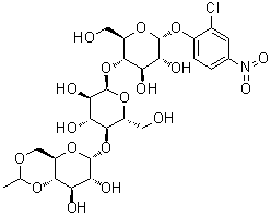 O-4，6-O-乙叉-ａ-D-吡喃葡萄糖基(1→4)-O-ａ-D-吡喃葡萄糖基-(1→4)-ａ-D-吡喃葡萄2-氯-4-硝基苯基苷結(jié)構(gòu)式_199603-68-4結(jié)構(gòu)式