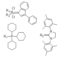 Tricyclohexylphosphine[3-phenyl-1h-inden-1-ylidene][1,3-bis(2,4,6-trimethylphenyl)-4,5-dihydroimidazol-2-ylidene]ruthenium (ii) Structure,536724-67-1Structure