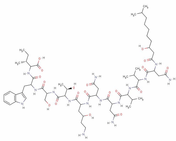 N2-(3-羥基-10-甲基癸?；?-D-天冬氨酰胺酰-D-纈氨酰-D-纈氨酰-L-天冬氨酰胺酰-D-天冬氨酰胺酰-[(4R)-4-羥基-L-賴氨酰-]-D-別蘇氨酰-L-絲氨酰-D-色氨酰-D-別異亮氨酸結構式_55467-31-7結構式