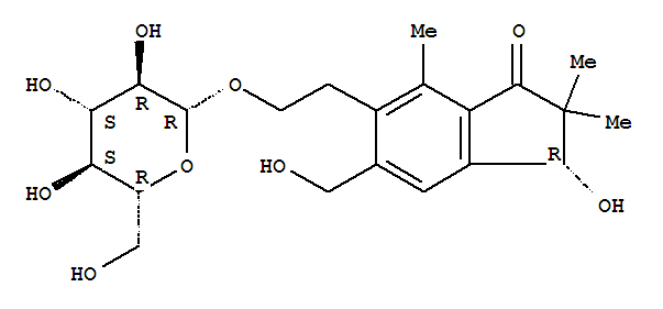 (R)-6-[2-(β-d-吡喃葡萄糖氧基)乙基]-2,3-二氫-3-羥基-5-羥基甲基-2,2,7-三甲基-1H-茚-1-酮結構式_62043-49-6結構式
