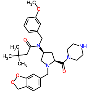N-[(3S,5S)-1-(1,3-苯并二氧戊環(huán)-5-甲基)-5-(1-哌嗪基羰基)-3-吡咯烷基]-N-[(3-甲氧基苯基)甲基]-3,3-二甲基-丁酰胺結構式_334998-36-6結構式