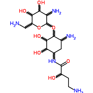 N-[(S)-4-氨基-2-羥基丁酰基]-2-脫氧-4-O-(2,6-二氨基-2,6-二脫氧-alpha-D-吡喃葡萄糖基)-D-鏈霉胺結(jié)構(gòu)式_50474-68-5結(jié)構(gòu)式
